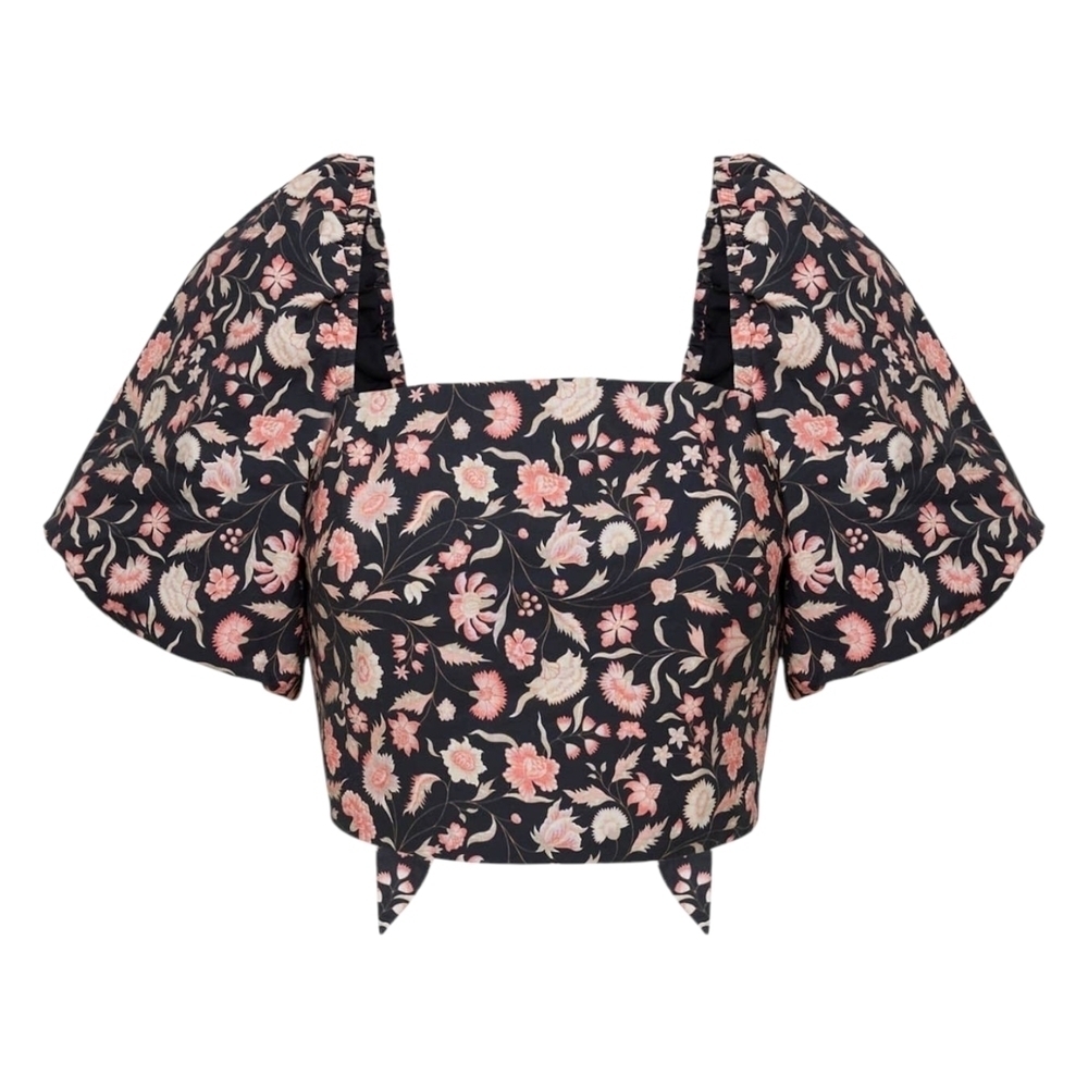 Aritzia Little Moon Floral Puff Sleeve Lucia Top - Black and Pink Sz L